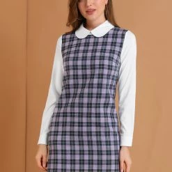Allegra K Women's Contrast Peter Pan Collar Long Sleeve Check Shift Dress