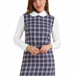 Allegra K Women's Contrast Peter Pan Collar Long Sleeve Check Shift Dress