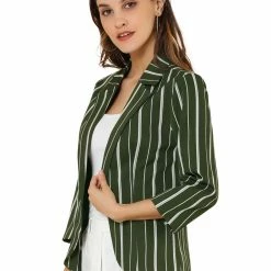 Allegra K Striped 3/4 Sleeves Open Front Notched Lapel Blazer Women 109 Allegra K Striped 3/4 Sleeves Open Front Notched Lapel Blazer Women