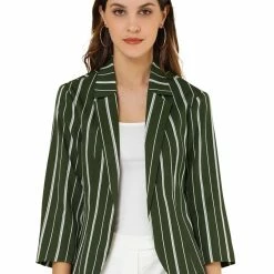 Allegra K Striped 3/4 Sleeves Open Front Notched Lapel Blazer Women 108 Allegra K Striped 3/4 Sleeves Open Front Notched Lapel Blazer Women