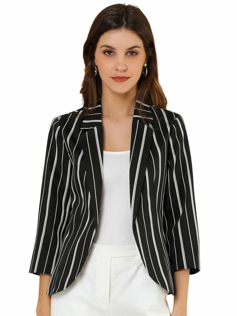 Allegra K Striped 3/4 Sleeves Open Front Notched Lapel Blazer Women 49 Allegra K Striped 3/4 Sleeves Open Front Notched Lapel Blazer Women