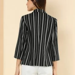 Allegra K Striped 3/4 Sleeves Open Front Notched Lapel Blazer Women 106 Allegra K Striped 3/4 Sleeves Open Front Notched Lapel Blazer Women