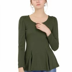 Allegra K Women's Long Sleeves Scoop Neck Casual Peplum Shirt