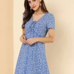 Allegra K Floral Bow Tie V Neck Shorts Sleeves Ruffle Dress Women