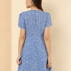 Allegra K Floral Bow Tie V Neck Shorts Sleeves Ruffle Dress Women
