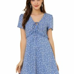 Allegra K Floral Bow Tie V Neck Shorts Sleeves Ruffle Dress Women