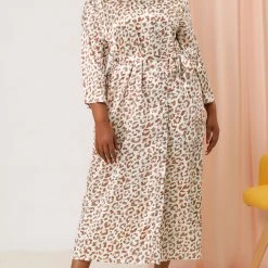 Allegra K Women's Plus Size Sleepwear Print Long Self Tie Waist Leopard Nightgown