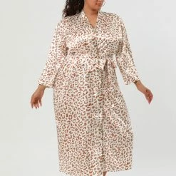 Allegra K Women's Plus Size Sleepwear Print Long Self Tie Waist Leopard Nightgown