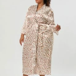 Allegra K Women's Plus Size Sleepwear Print Long Self Tie Waist Leopard Nightgown