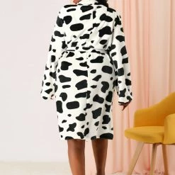 Allegra K Women's Plus Size Sleepwear Robe Cow Print Self Tie Waist Mid-Length Nightgown