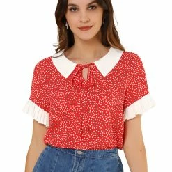 Allegra K Women's Contrast Doll Collar Polka Dots Top Valentine's Day Short Sleeves Blouse