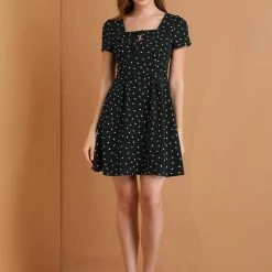 Allegra K Star Print Casual Square Neck Short Sleeve A-Line Dress