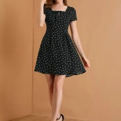 Allegra K Star Print Casual Square Neck Short Sleeve A-Line Dress