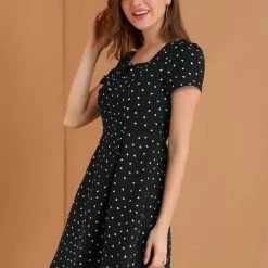 Allegra K Star Print Casual Square Neck Short Sleeve A-Line Dress
