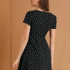 Allegra K Star Print Casual Square Neck Short Sleeve A-Line Dress