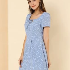 Allegra K Star Print Casual Square Neck Short Sleeve A-Line Dress