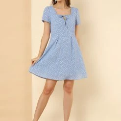 Allegra K Star Print Casual Square Neck Short Sleeve A-Line Dress