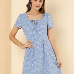 Allegra K Star Print Casual Square Neck Short Sleeve A-Line Dress