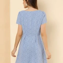 Allegra K Star Print Casual Square Neck Short Sleeve A-Line Dress