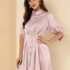 Allegra K Women's Elegant Satin Dresses A-Line Pleated Waist Puff Sleeve Belted Shirt Dress