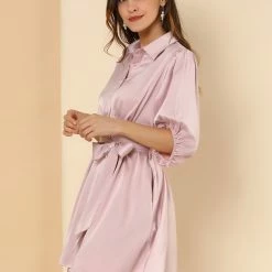 Allegra K Women's Elegant Satin Dresses A-Line Pleated Waist Puff Sleeve Belted Shirt Dress