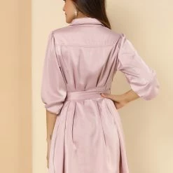 Allegra K Women's Elegant Satin Dresses A-Line Pleated Waist Puff Sleeve Belted Shirt Dress