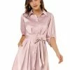 Allegra K Women's Elegant Satin Dresses A-Line Pleated Waist Puff Sleeve Belted Shirt Dress 2 Allegra K Women's Elegant Satin Dresses A-Line Pleated Waist Puff Sleeve Belted Shirt Dress