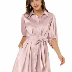 Allegra K Women's Elegant Satin Dresses A-Line Pleated Waist Puff Sleeve Belted Shirt Dress