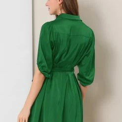 Allegra K Women's Elegant Satin Dresses A-Line Pleated Waist Puff Sleeve Belted Shirt Dress