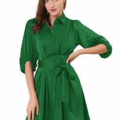 Allegra K Women's Elegant Satin Dresses A-Line Pleated Waist Puff Sleeve Belted Shirt Dress