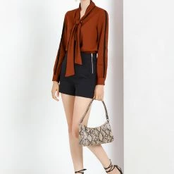 Allegra K Women's Tie Bow Neck Contrast Trim Long Sleeve Office Blouse Top