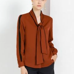 Allegra K Women's Tie Bow Neck Contrast Trim Long Sleeve Office Blouse Top
