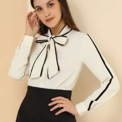 Allegra K Women's Tie Bow Neck Contrast Trim Long Sleeve Office Blouse Top