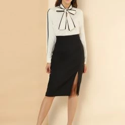 Allegra K Women's Tie Bow Neck Contrast Trim Long Sleeve Office Blouse Top