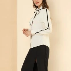 Allegra K Women's Tie Bow Neck Contrast Trim Long Sleeve Office Blouse Top