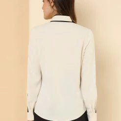 Allegra K Women's Tie Bow Neck Contrast Trim Long Sleeve Office Blouse Top