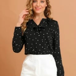 Allegra K Ruffle Neck Vintage Polka Dots Long Sleeve Blouse Clothing