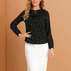 Allegra K Ruffle Neck Vintage Polka Dots Long Sleeve Blouse Clothing