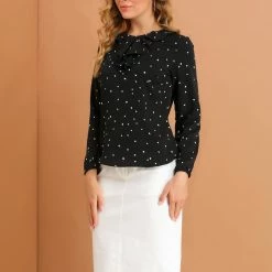 Allegra K Ruffle Neck Vintage Polka Dots Long Sleeve Blouse Clothing