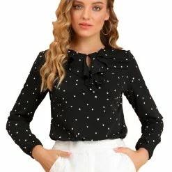 Allegra K Ruffle Neck Vintage Polka Dots Long Sleeve Blouse Clothing