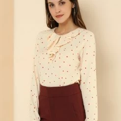 Allegra K Ruffle Neck Vintage Polka Dots Long Sleeve Blouse Clothing