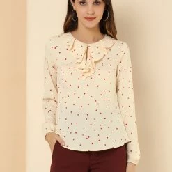 Allegra K Ruffle Neck Vintage Polka Dots Long Sleeve Blouse Clothing