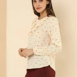 Allegra K Ruffle Neck Vintage Polka Dots Long Sleeve Blouse Clothing