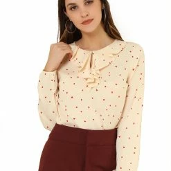 Allegra K Ruffle Neck Vintage Polka Dots Long Sleeve Blouse Clothing