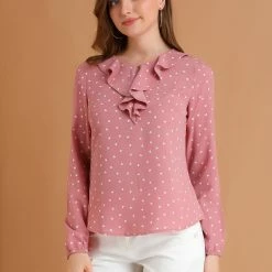 Allegra K Ruffle Neck Vintage Polka Dots Long Sleeve Blouse Clothing