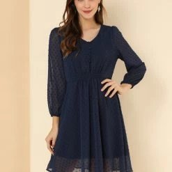 Allegra K Women's Elastic Waist Flowy Dress V Neck 3/4 Sleeve A-line Chiffon Dresses