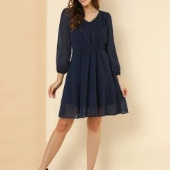 Allegra K Women's Elastic Waist Flowy Dress V Neck 3/4 Sleeve A-line Chiffon Dresses