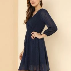 Allegra K Women's Elastic Waist Flowy Dress V Neck 3/4 Sleeve A-line Chiffon Dresses