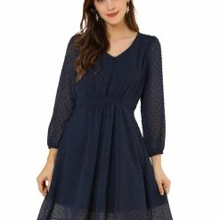 Allegra K Women's Elastic Waist Flowy Dress V Neck 3/4 Sleeve A-line Chiffon Dresses