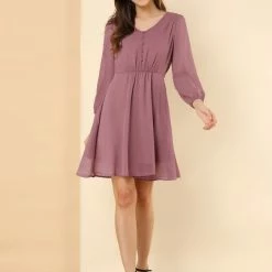 Allegra K Women's Elastic Waist Flowy Dress V Neck 3/4 Sleeve A-line Chiffon Dresses